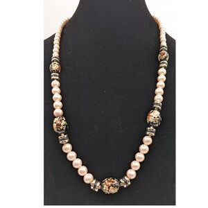 Vintage Faux Pearl Tensha Bead Necklace Hand Painted Floral Black Gold 28 Inch